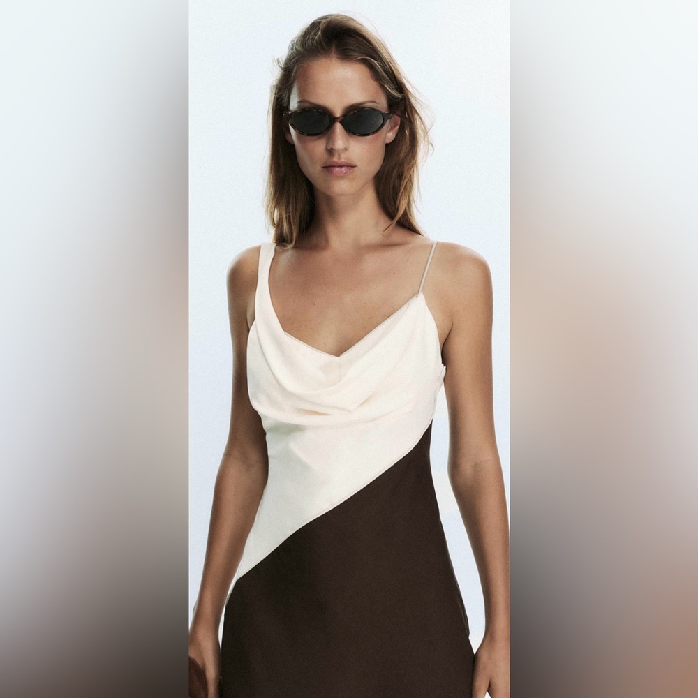 Zara Two-Tone Asymmetrical Slip Dress in Cream and Brown - Picture 6 of 11